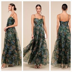 Lulu's Green Floral Prom Dress